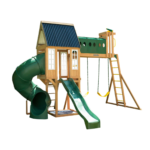 KidKraft Skyway Resort Multi-Level Wooden Swing Set with Playhouse, Twin Slides and Crow's Nest