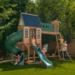 KidKraft Skyway Resort Multi-Level Wooden Swing Set with Playhouse, Twin Slides and Crow's Nest - Image 2
