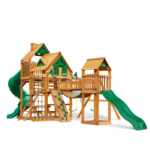 Gorilla Playsets Treasure Trove II Treehouse Cedar Wooden Swing Set with 3 Slides and Clatter Bridge