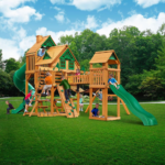Gorilla Playsets Treasure Trove II Treehouse Cedar Wooden Swing Set with 3 Slides and Clatter Bridge - Image 2