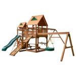 Gorilla Playsets Pioneer Peak Treehouse Cedar Wooden Swing Set with Tire Swing and Clatter Bridge