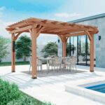 10 ft x 14 ft Traditional Cedar Wood Outdoor Patio Pergola Shade Structure, Medium Brown - Image 3