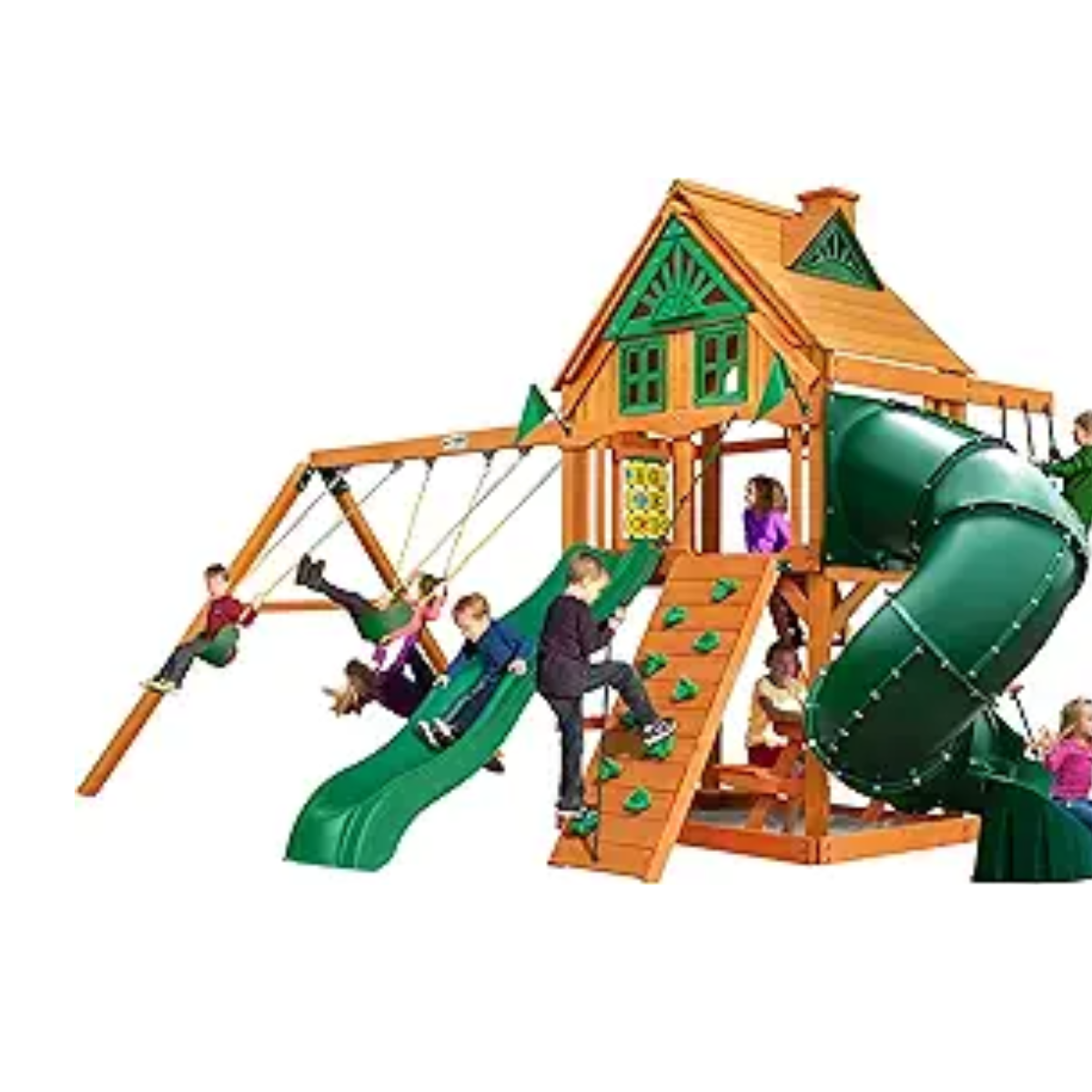 hw-26-image-1.png Gorilla Playsets Mountaineer Treehouse Cedar Swing Set with Tube Slide and Sandbox - Image 1