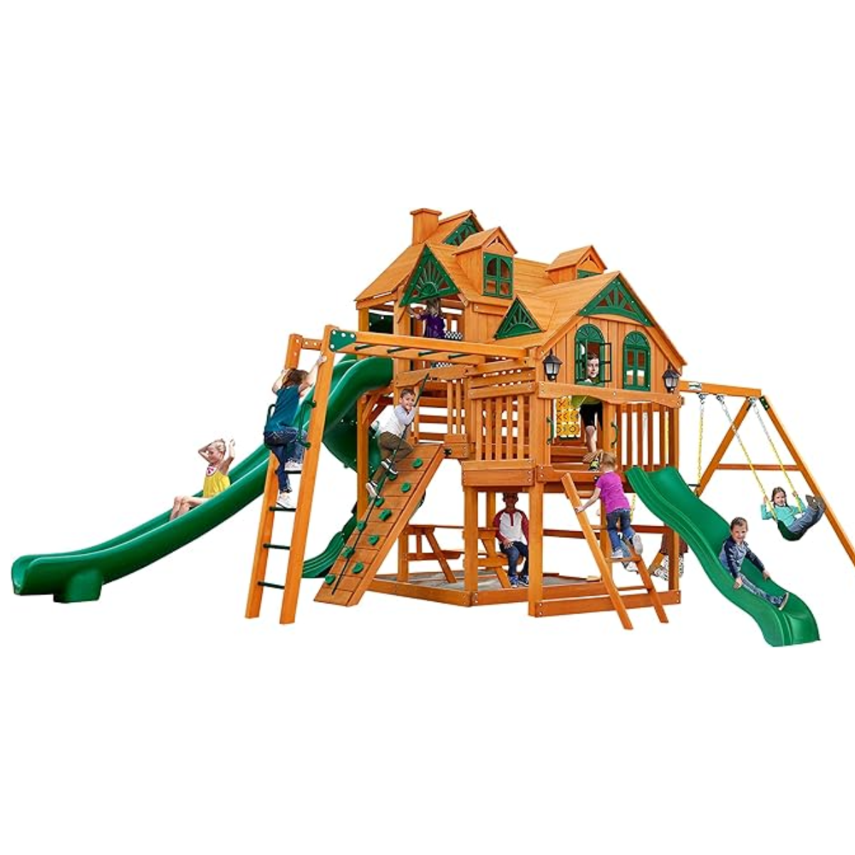hw-27-image-1.png Gorilla Playsets Empire Extreme Cedar Wood Swing Set with Monkey Bars, Clatter Bridge and 3 Slides - Image 1