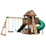 Backyard Discovery Cedar Cove Wooden Swing Set with Dual Slides, Rock Wall and Three Swings