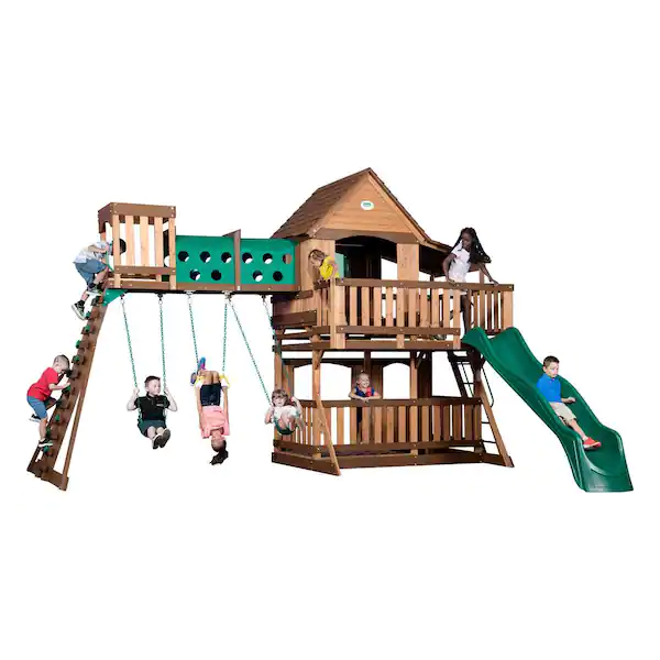 hw-30-image-1.png Backyard Discovery Woodridge Elite Wooden Swing Set with Clubhouse and 10 ft Wave Slide - Image 1