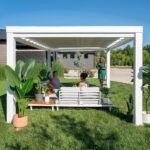 Windham 14ft x 10ft Modern Steel Pergola with Sail Shade Soft Canopy in White - Image 11