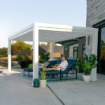 Windham 14ft x 10ft Modern Steel Pergola with Sail Shade Soft Canopy in White - Image 9