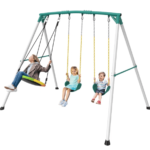 Heavy-Duty Outdoor Porch Swing Set, 9.5ft Steel A-Frame, Saucer Swing and Two Belt Swings, 600 lb Capacity