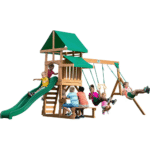 Canyon Creek All-Cedar Swing Set with Upper Fort, Rock Wall, Wave Slide, Web Swing & Play Kitchen