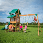 Canyon Creek All-Cedar Swing Set with Upper Fort, Rock Wall, Wave Slide, Web Swing & Play Kitchen - Image 4