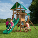 Canyon Creek All-Cedar Swing Set with Upper Fort, Rock Wall, Wave Slide, Web Swing & Play Kitchen - Image 5