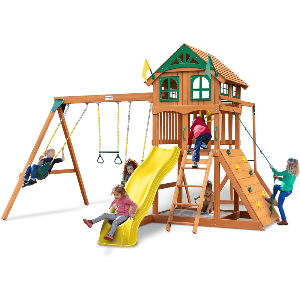 hw-62-image-1.png Outing III Cedar Outdoor Playground With Wood Roof, Monkey Bars, Slide and Swings - Image 1