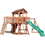 Sterling Point Wooden Swing Set With Covered Clubhouse, Slide, Belt Swings and Rock Wall - Image 11