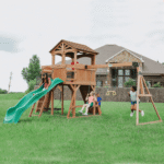 Sterling Point Wooden Swing Set With Covered Clubhouse, Slide, Belt Swings and Rock Wall - Image 10