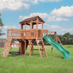 Sterling Point Wooden Swing Set With Covered Clubhouse, Slide, Belt Swings and Rock Wall - Image 8