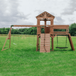 Sterling Point Wooden Swing Set With Covered Clubhouse, Slide, Belt Swings and Rock Wall - Image 9