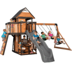 Canyon Creek All-Cedar Swing Set Playset with Rock Wall, Belt and Web Swings, Wave Slide and Play Kitchen