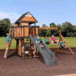 Canyon Creek All-Cedar Swing Set Playset with Rock Wall, Belt and Web Swings, Wave Slide and Play Kitchen - Image 2