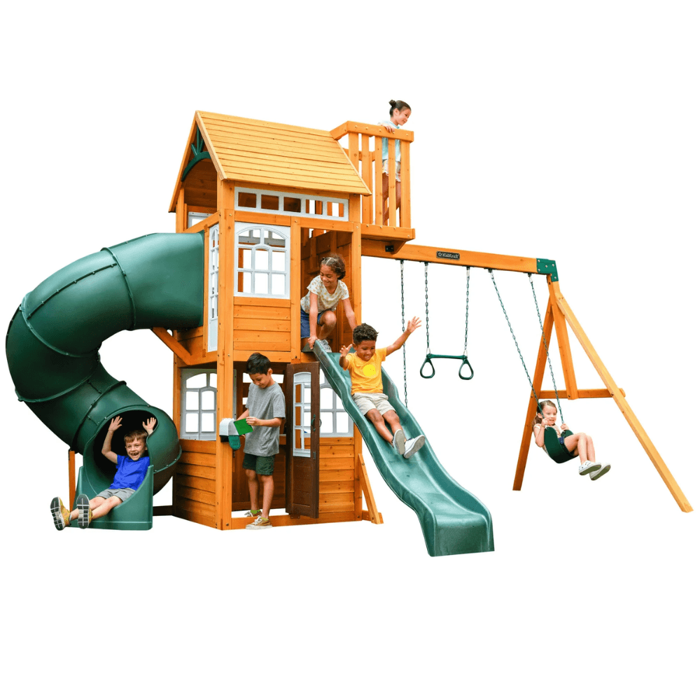 hw-71-image-1.png KidKraft Ridgemoor Perch Cedar Swing Set with Belt Swings, 8 ft Wavy Slide and Rock Wall - Image 1