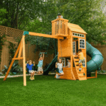 KidKraft Ridgemoor Perch Cedar Swing Set with Belt Swings, 8 ft Wavy Slide and Rock Wall - Image 3