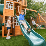 KidKraft Ridgemoor Perch Cedar Swing Set with Belt Swings, 8 ft Wavy Slide and Rock Wall - Image 5