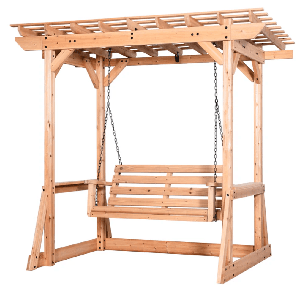 hw-72-image-1.png Backyard Discovery Callahan Cedar Wood Pergola Swing Bench, 2-Person, 600 lb Capacity - Image 1