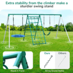 Steel A-Frame Swing Set with Saucer Swing, Belt Swing, Trapeze Bar, Climbing Net and Ladder - Image 2