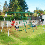 Steel A-Frame Swing Set with Saucer Swing, Belt Swing, Trapeze Bar, Climbing Net and Ladder - Image 4