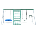 Steel A-Frame Swing Set with Saucer Swing, Belt Swing, Trapeze Bar, Climbing Net and Ladder - Image 5