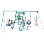 Steel A-Frame Swing Set with Saucer Swing, Belt Swing, Trapeze Bar, Climbing Net and Ladder - Image 6