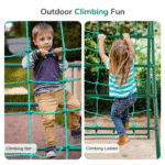Steel A-Frame Swing Set with Saucer Swing, Belt Swing, Trapeze Bar, Climbing Net and Ladder - Image 7